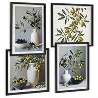 BILDER SET 4er Set - 50x50 cm & 40x60 cm Schwarzer Rahmen - Oliven in Vasen in gedeckten Farben - Schwarz, Kunststoff (50/50cm) - TULUP