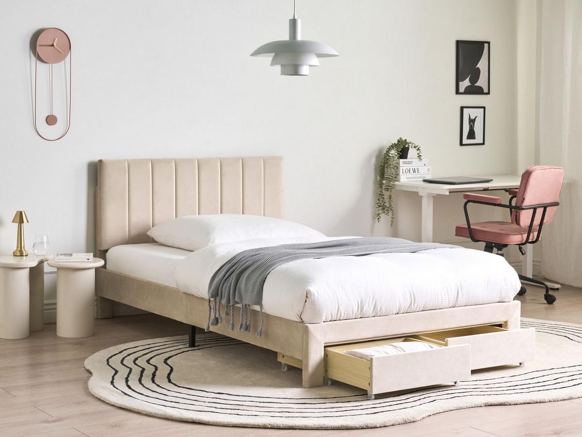 BETT mit Schubladen 120/200 cm Samtstoff Beige Lonzac - Beige, Textil (120/200cm) - Beliani