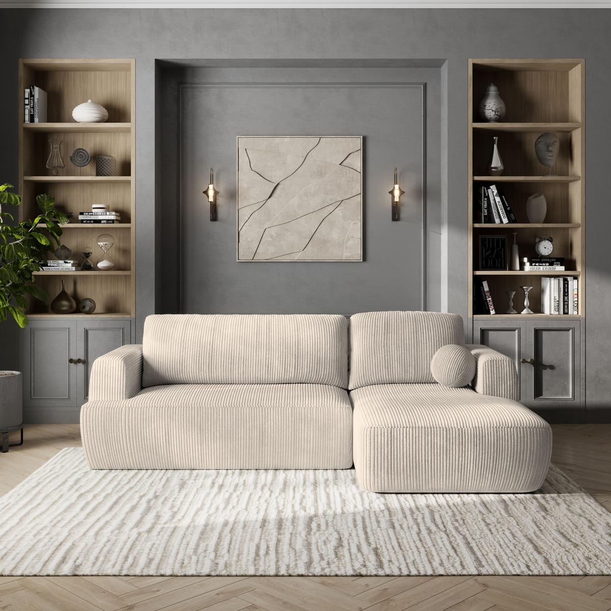 ECKSOFA SENTI P R-S Creme Kordstoff mit Schlaffunktion - Creme/Schwarz, Holz/Kunststoff (246/148cm) - MASSENO