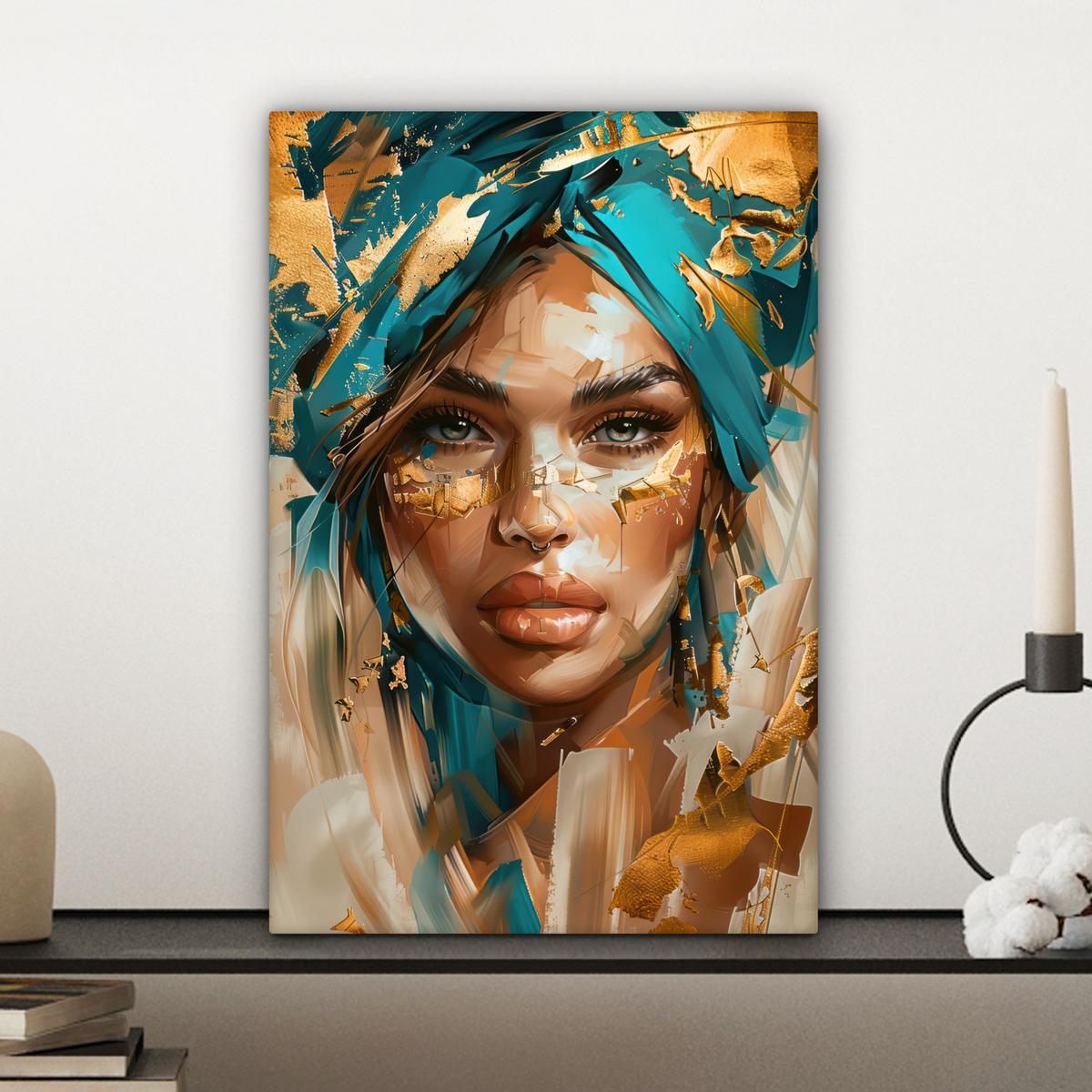 LEINWANDBILD Frau - Porträt - Gold - Luxus - Blau Deko Wohnzimmer 20x30 cm - Türkis, Textil (20/30cm) - MuchoWow