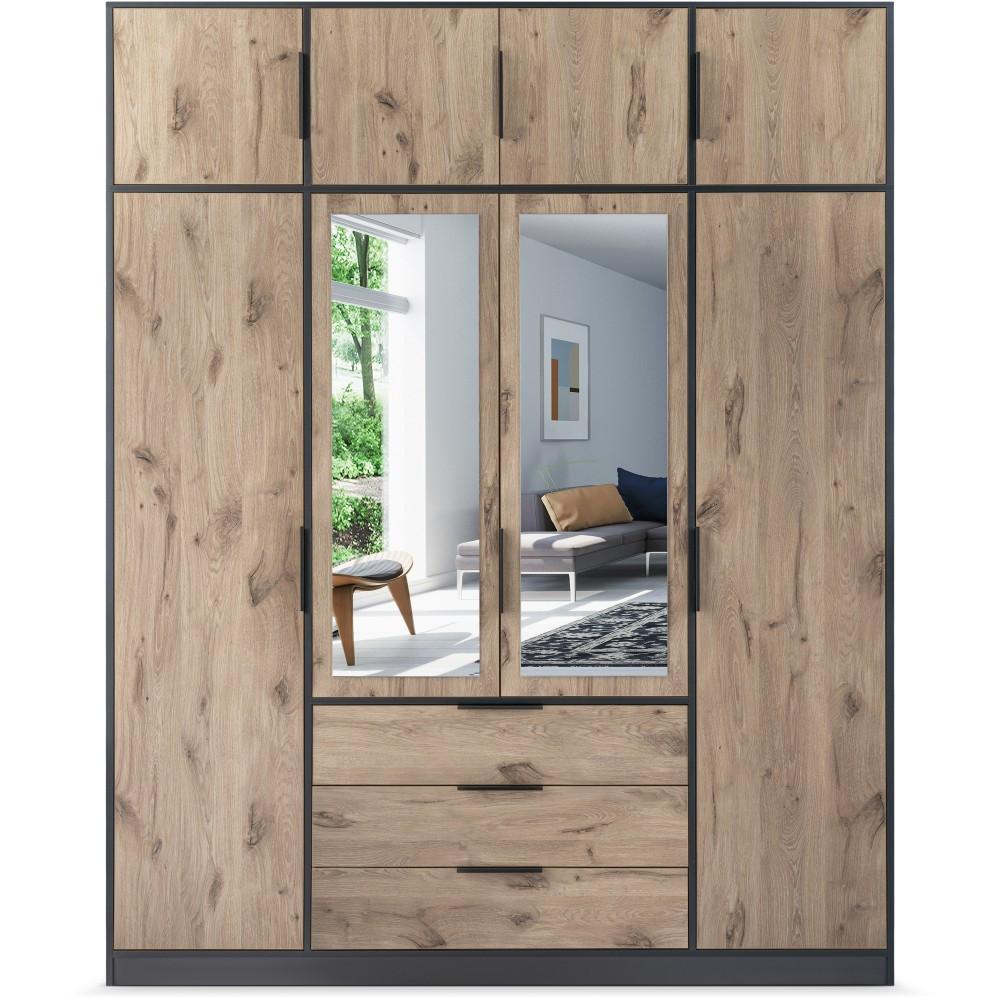 DREHTÜRENSCHRANK Livo mit 4 Türen und 3 Schubladen, mit Schrankaufsatz, eiche Viking+Schwarz, 200 cm - Eichefarben/Schwarz, Holzwerkstoff (200/245/57cm) - Beautysofa