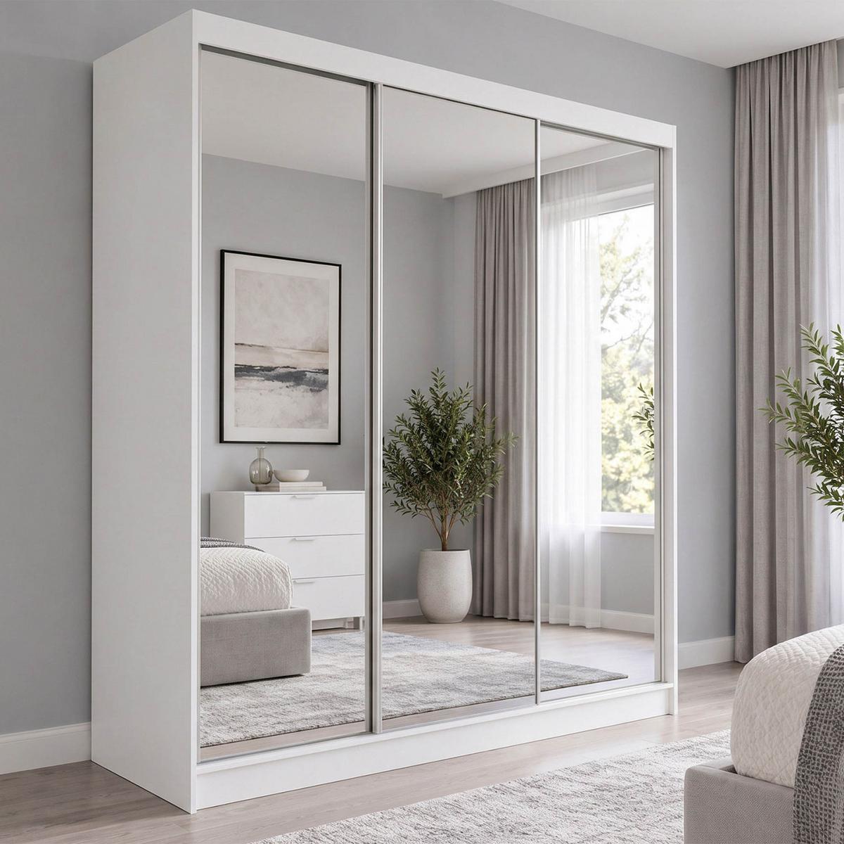 SCHWEBETÜRENSCHRANK Debra mit 3 Türen, 180/216/61 Weiß mit Spiegel - Weiß, Holzwerkstoff (180/216/61cm) - Beautysofa