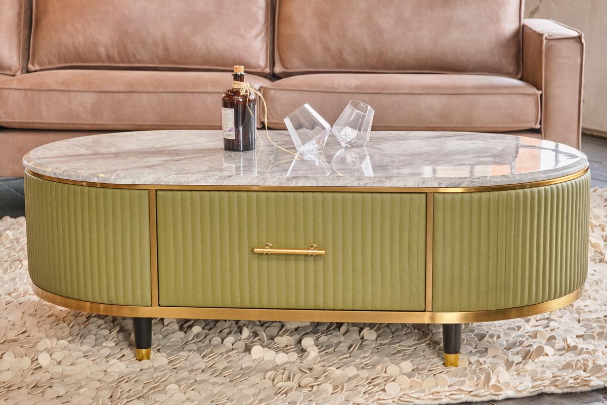 COUCHTISCH MARIA Grün Marmor, Kunstleder - Olivgrün/Braun, Stein/Metall (70/130/45cm) - KAWOLA