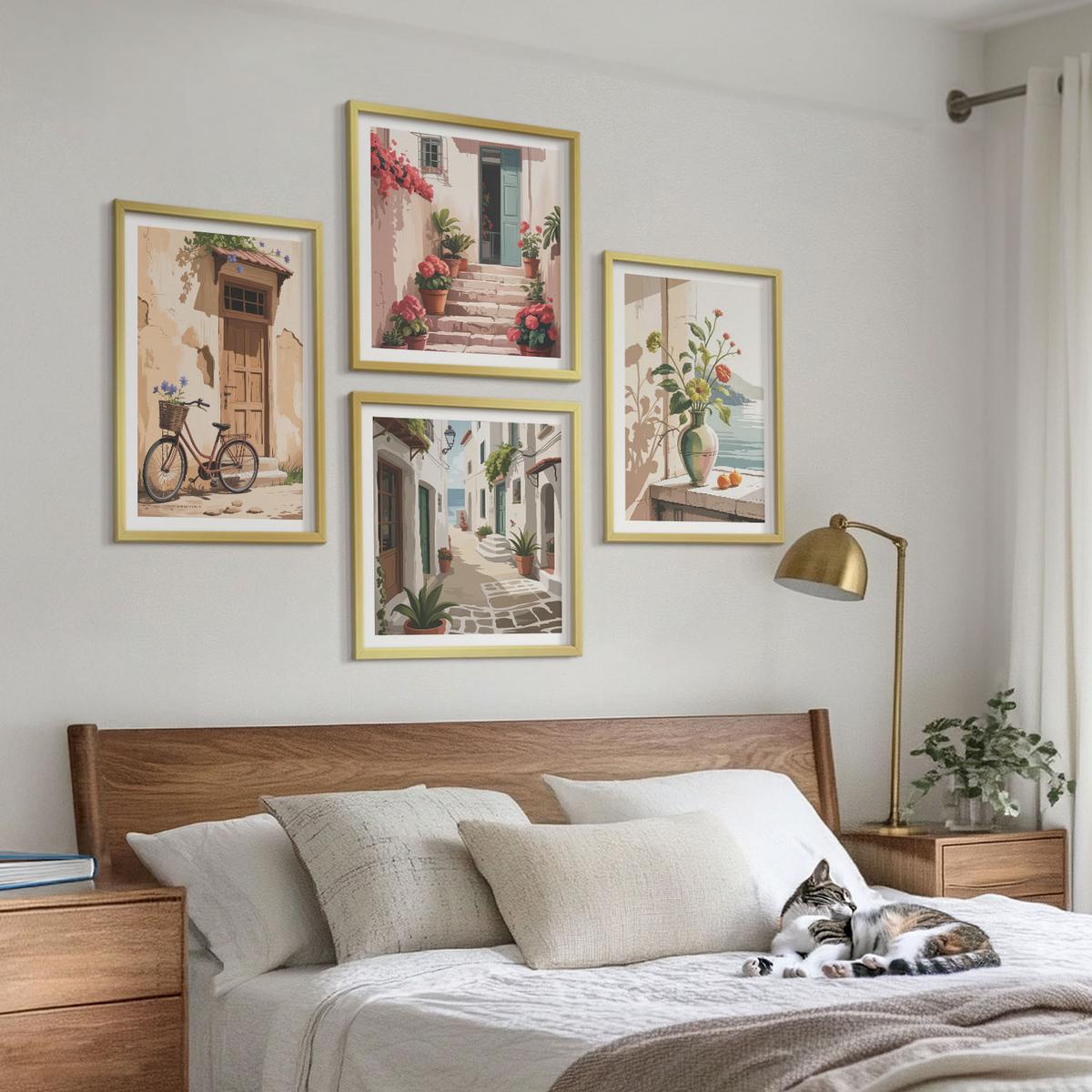 BILDER SET 4er Set - 50x50 cm & 40x60 cm Goldrahmen - Straßenblumen, Fahrrad bemalt - Goldfarben, Kunststoff (50/50cm) - TULUP