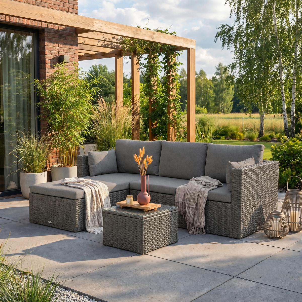 GARTENSET Sevilla, aus Technorattan, Ecksofa mit Couchtisch, Graphitfarben - Graphitfarben, Kunststoff - Beautysofa