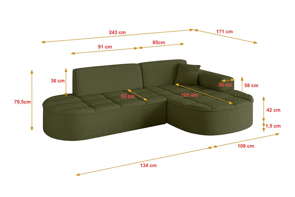 ECKSOFA Ottomane Rechts TARO-L1 - 243x171x79,5 cm Grün - Grün, Holzwerkstoff/Textil (243/171cm) - ALTDECOR
