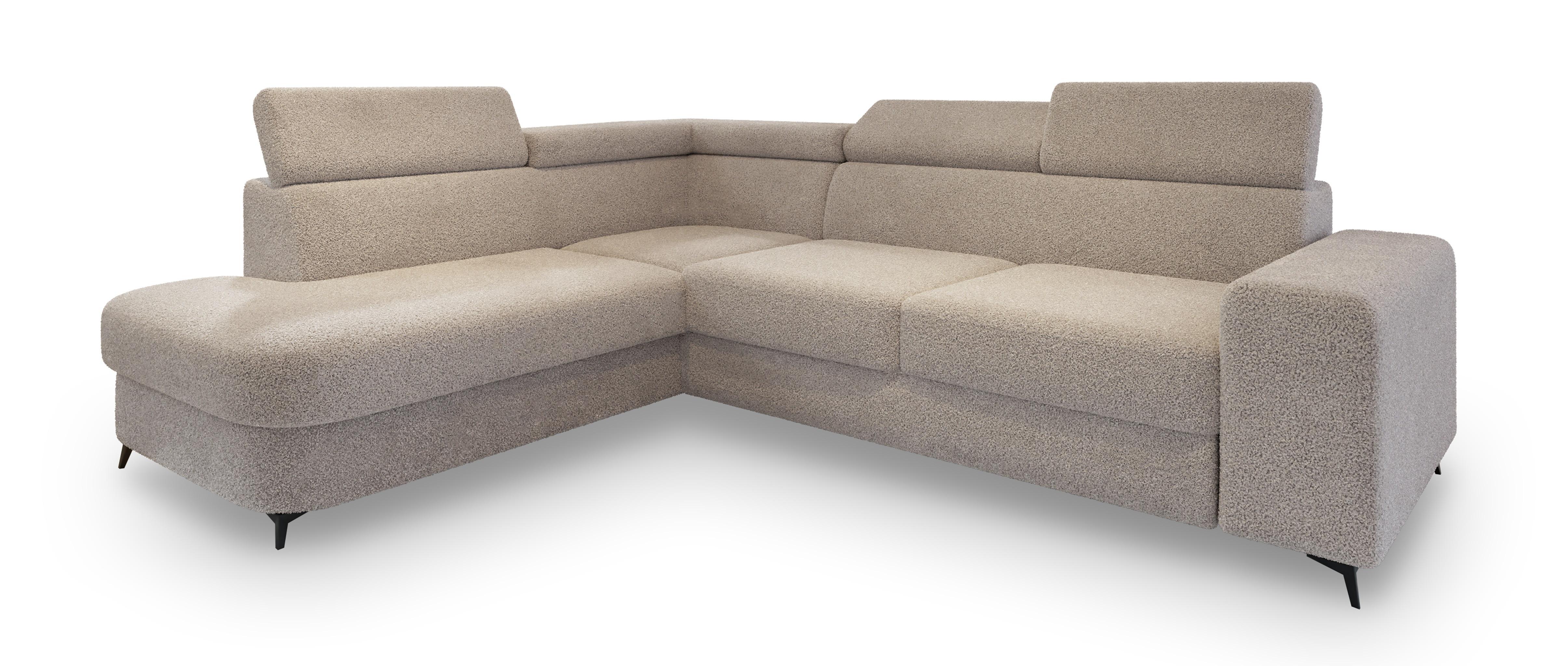 ECKSOFA ALVORO L-S Beige Boucle-Stoff mit Schlaffunktion - Beige, Holz (253/190cm) - MASSENO