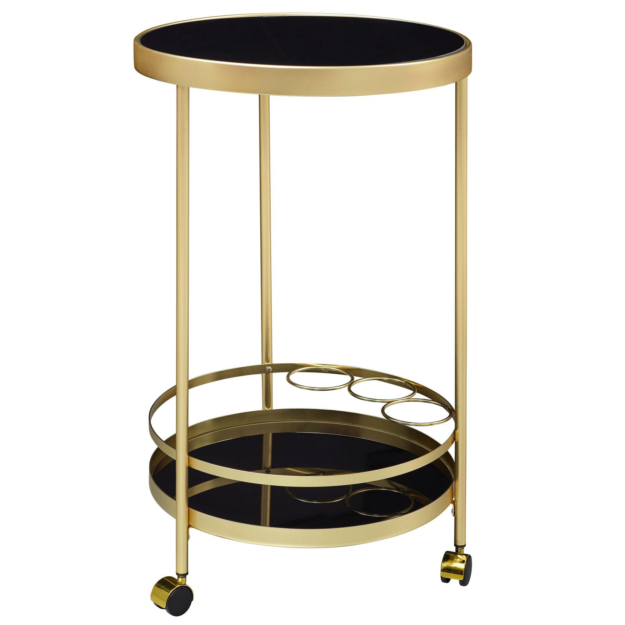 SERVIERWAGEN – Gold, Ø 45 cm, Schwarzglas, 2 Ebenen, auf Rollen - Goldfarben, Glas/Metall (45/76/45cm) - KADIMA DESIGN