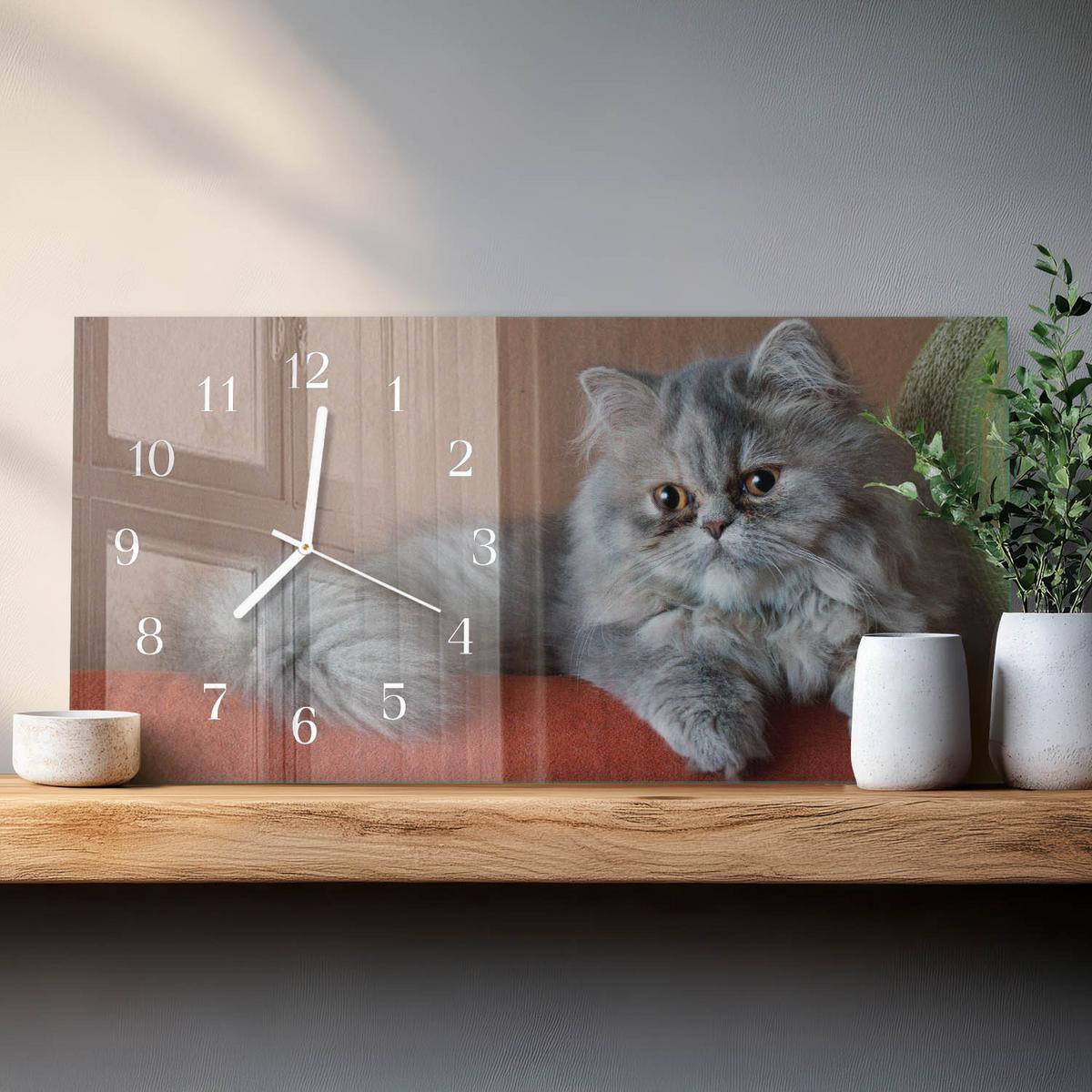 WANDUHR aus Glas 60x30 cm - Perserkatze - Grau, Glas (60/30/0.4cm) - TULUP
