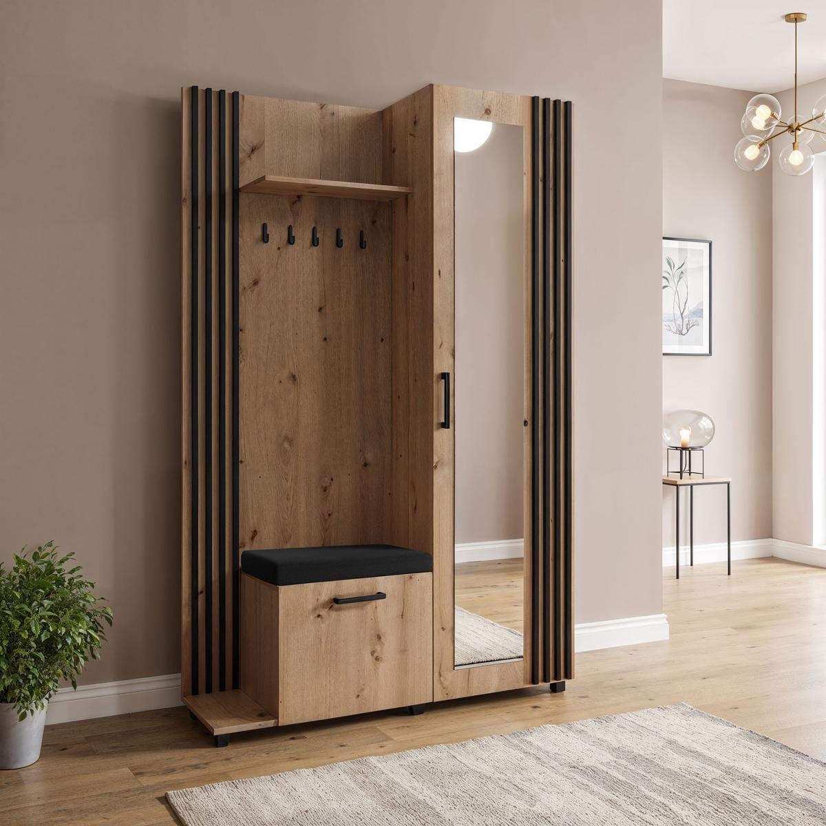 GARDEROBE Linaro mit Spiegel, Sitzbank in Lamellen-Optik 137/207/42 cm, Links - Schwarz/Eiche Artisan, Holzwerkstoff (137/207/42cm) - WFL GROUP