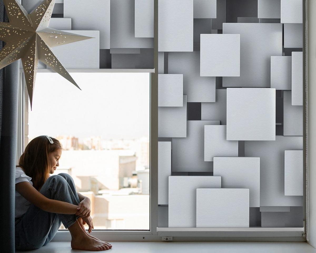 INNENROLLO - Fensterrollo - Rollo - 140x140 cm - Graue 3D-Quadrate - Grau, Kunststoff (140/140/0.5cm) - TULUP