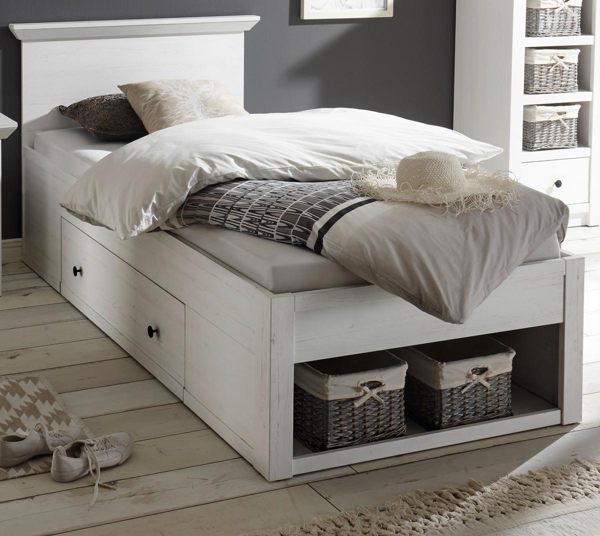 BETT Pinie weiß Liegefläche 90 x 200 cm, Stauraumbett mit Bettschubkasten - Schwarz/Weiß, Holzwerkstoff/Kunststoff (90/200cm) - Furn.Design