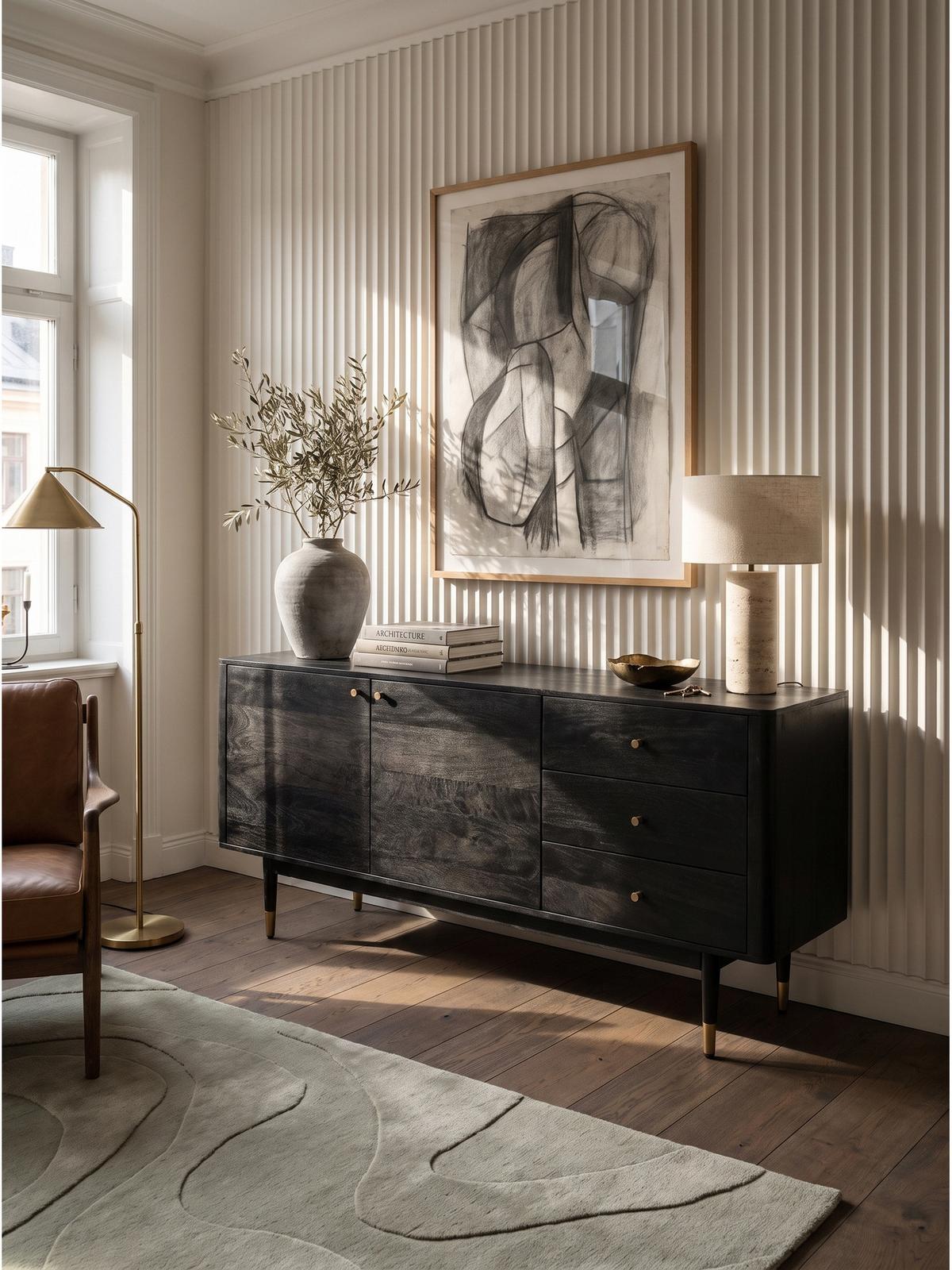KOMMODE PANAREA, Akazie Massivholz, mit Stauraum, Schwarz, 160 x 42 x 81 cm - Schwarz, Holz/Metall (160/81/42cm) - KADIMA DESIGN