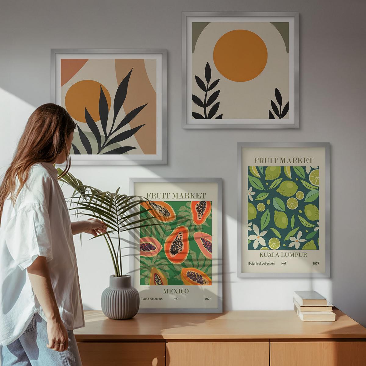 BILDER SET 4er Set - 50x50 cm & 40x60 cm Silberner Rahmen - Boho-Papaya-Fruchtmuster - Silberfarben, Kunststoff (50/50cm) - TULUP