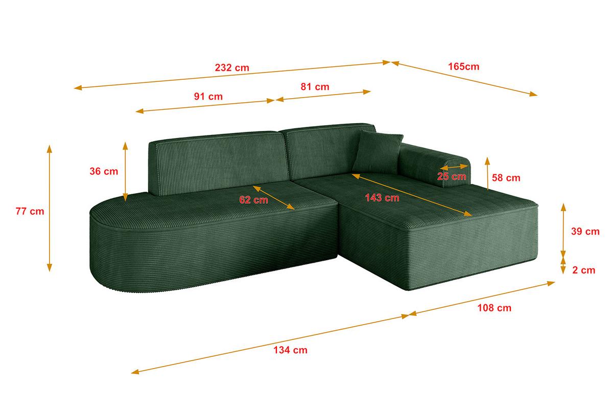 ECKSOFA Ottomane Rechts IREA-L1-v3 - 232x165x77 cm Grün - Currygelb, Holzwerkstoff/Textil (232/165cm) - ALTDECOR