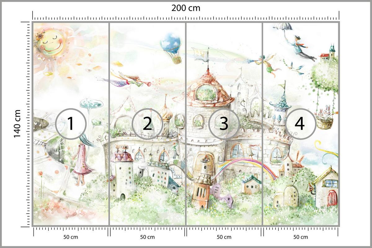 FOTOTAPETE für Kinderzimmer Märchenstadt Schloss Magisch 200x140 - Blau/Gelb, Papier (200/140cm) - Muralo