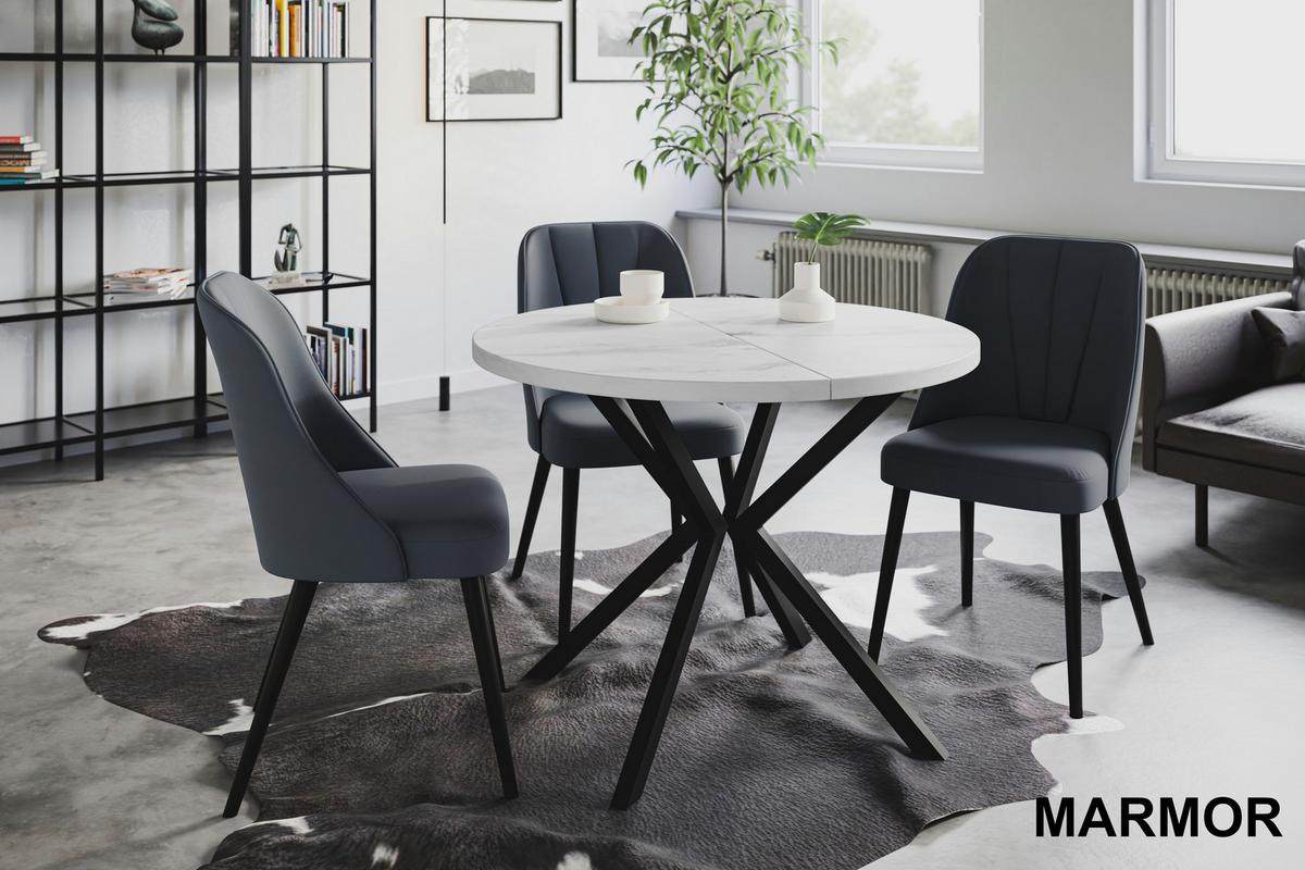 RUNDER Esszimmertisch LOFT LITEN, ausziehbarer Tisch Durchmesser: 120 cm/200 cm, Wohnzimmertisch Farbe: Marmur, mit Metallbeinen in Farbe Schwarz - Hellgrau/Schwarz, Holzwerkstoff (120/120/76cm) - Alpi-Möbel