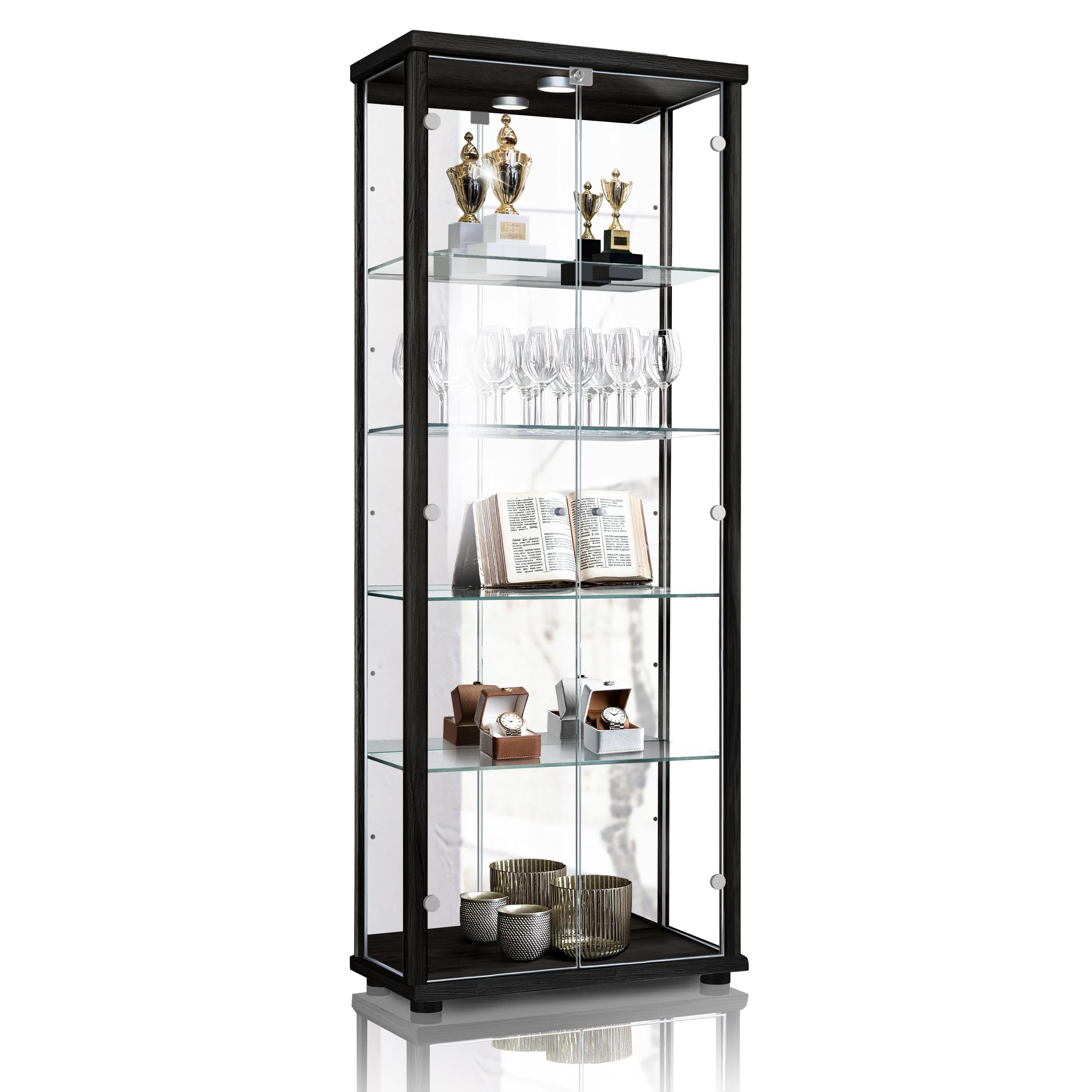 VITRINE 33/67/176 cm mit Spiegel, LED, Schloss & 4 höhenverstellbaren Glasböden - Transparent/Silberfarben, Glas/Holzwerkstoff (67/176/33cm) - K-Möbel