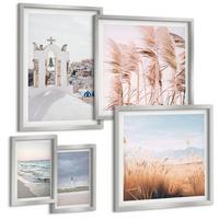 BILDER SET 5er Set - 50x50 cm & 20x30 cm & 40x60 cm Silberner Rahmen - Pflanzen, Meereswellen, Aussicht, Häuser - Silberfarben, Kunststoff (40/60cm) - TULUP