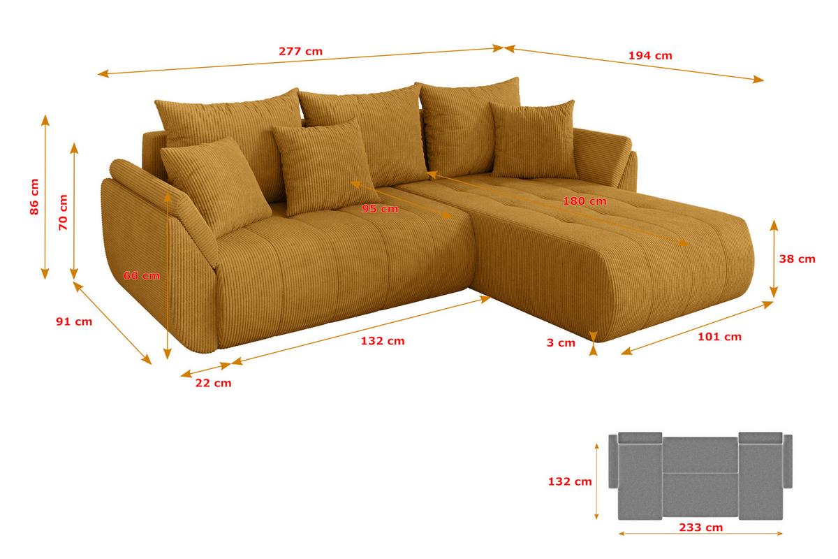 ECKSOFA mit Schlaffunktion Ottomane Rechts TOKO-L 277x194x86 Senfgelb Cord - Dunkelgelb/Schwarz, Holzwerkstoff/Kunststoff (277/194cm) - ALTDECOR