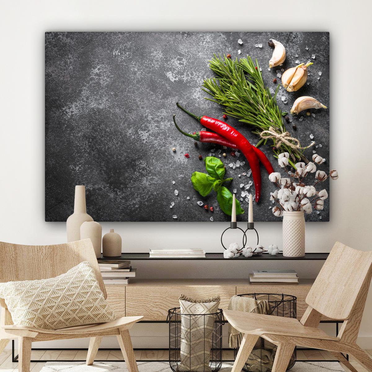 LEINWANDBILD Pfeffer - Kräuter - Gewürze - Beton Wohnzimmer Groß 120x80 cm - Dunkelgrau, Textil (120/80cm) - MuchoWow