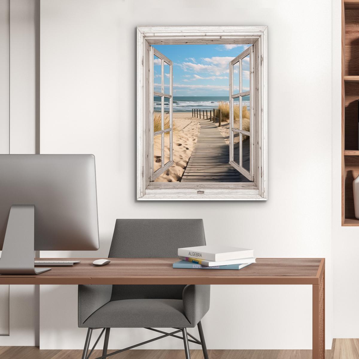 METALLBILD Fenster - Meer - Küste - Natur - Ausblick - Strand - Wattenmeer 60x80 cm - Beige, Metall (60/80cm) - MuchoWow