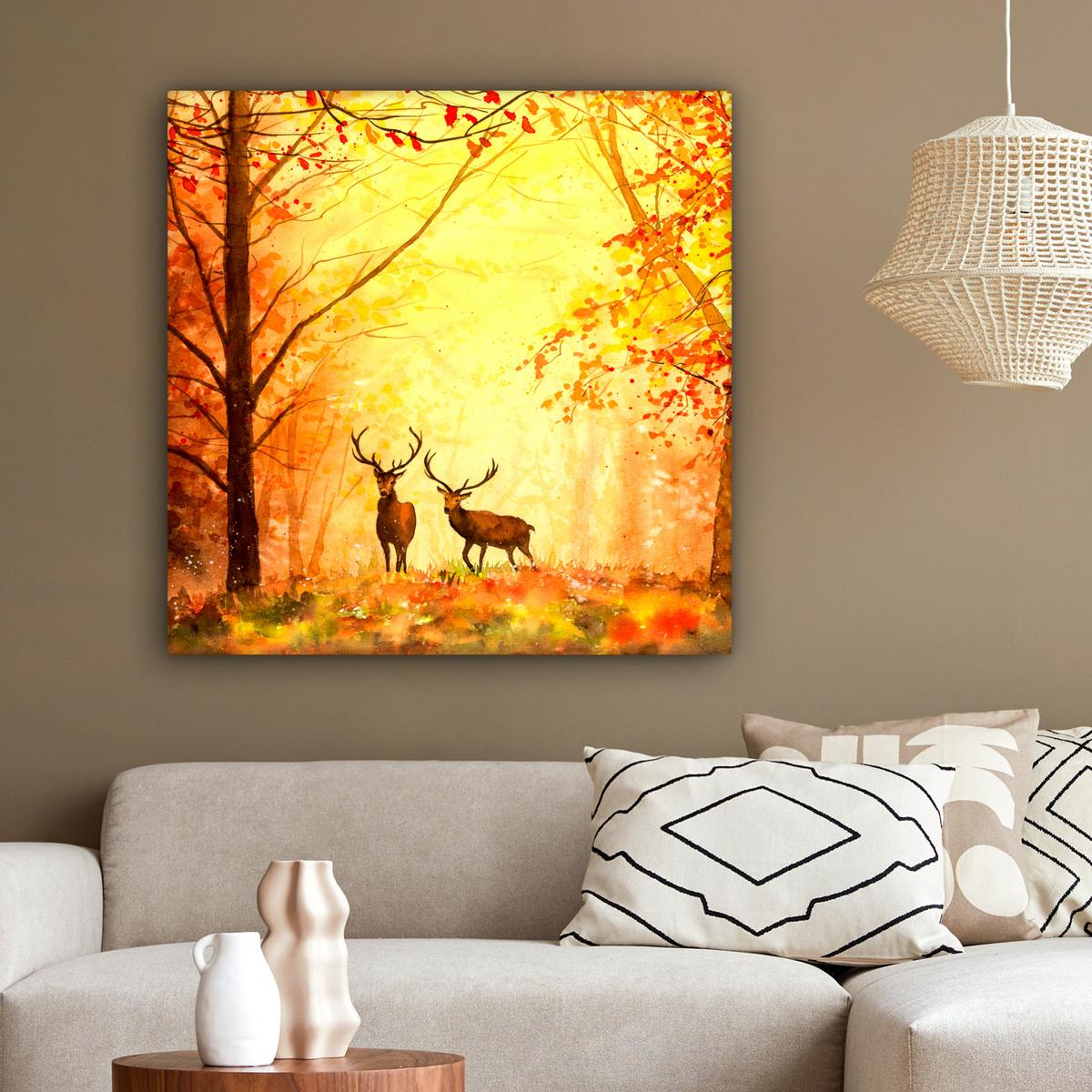 LEINWANDBILD Natur - Ölfarbe - Hirsche - Tiere - Herbst - Orange Deko Groß 90x90 cm - Orange, Textil (90/90cm) - MuchoWow