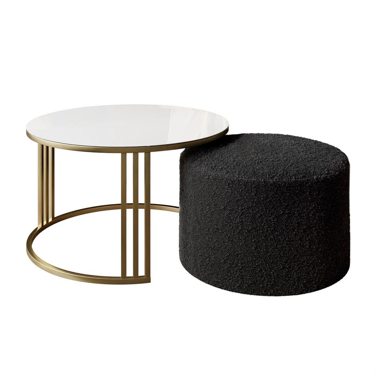 COUCHTISCH mit Hocker LORI GLASS gebürstetes Gold/weißes Glas/Coral 60 - Weiß, Metall (70/70/49cm) - Lookway