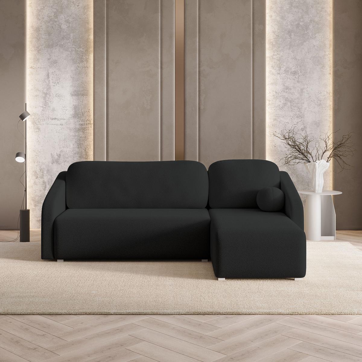 ECKSOFA MARELLO Schwarz Boucle-Stoff mit Schlaffunktion - Schwarz, Holz (220/143cm) - MASSENO