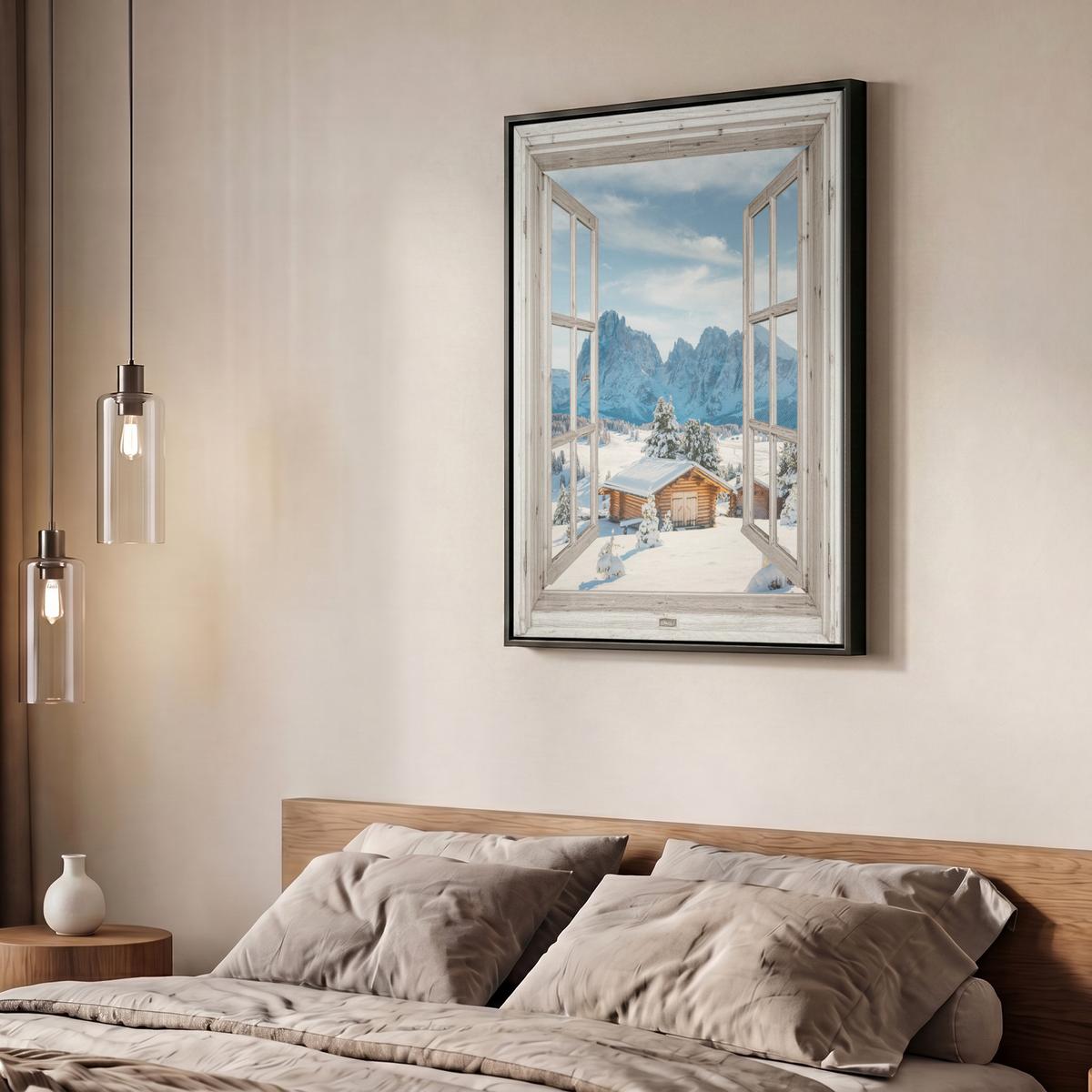 LEINWAND Bilder mit Rahmen - Winterlandschaft - Hütte - Berge - Ausblicke - Aussicht - Natur - 60x80 - Weiß Hochglanz, Textil (60/80cm) - MuchoWow
