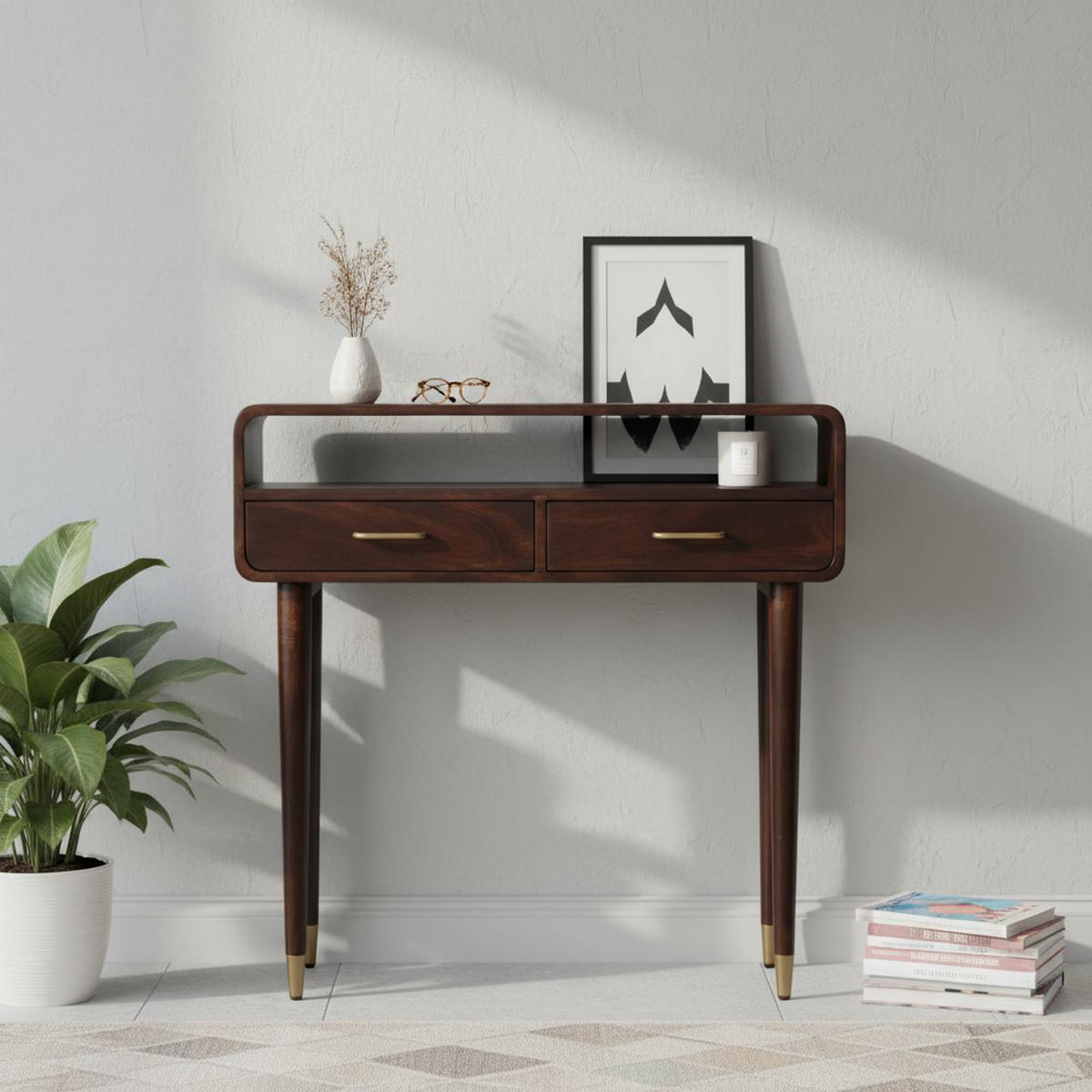 KONSOLE Apollo Schleife, 2 Schubladen und Offenes Fach, Dunkelbraun - Dunkelbraun/Messingfarben, Holz/Metall (35/90/90cm) - Artisan Furniture