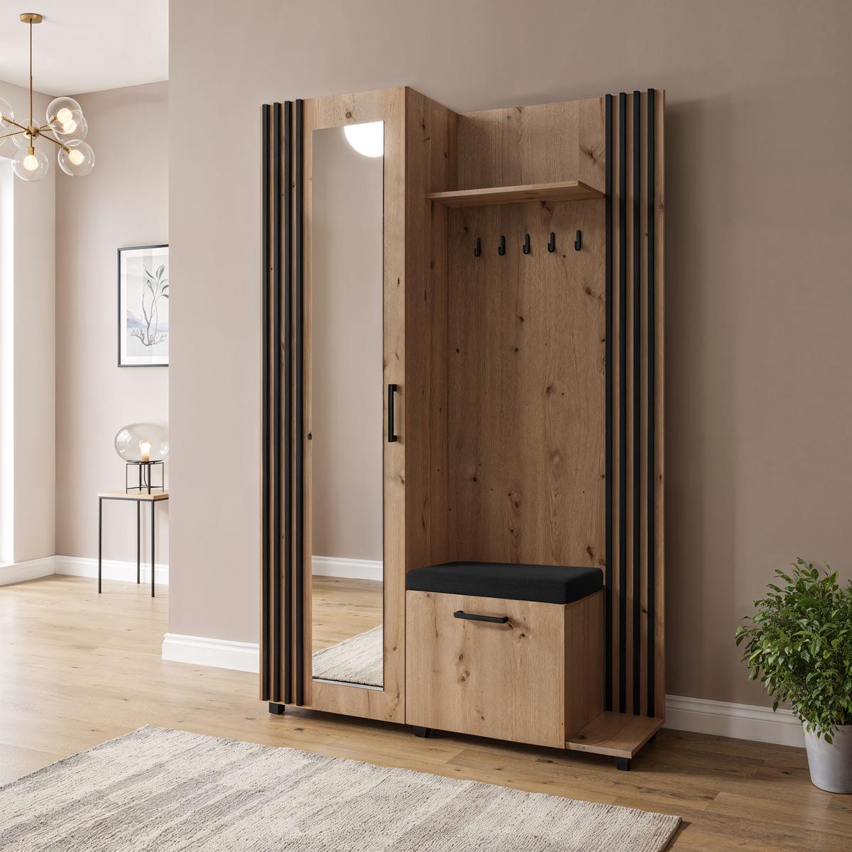GARDEROBE Linaro mit Spiegel, Sitzbank in Lamellen-Optik 137/207/42 cm, Rechts - Schwarz/Eiche Artisan, Holzwerkstoff (137/207/42cm) - WFL GROUP