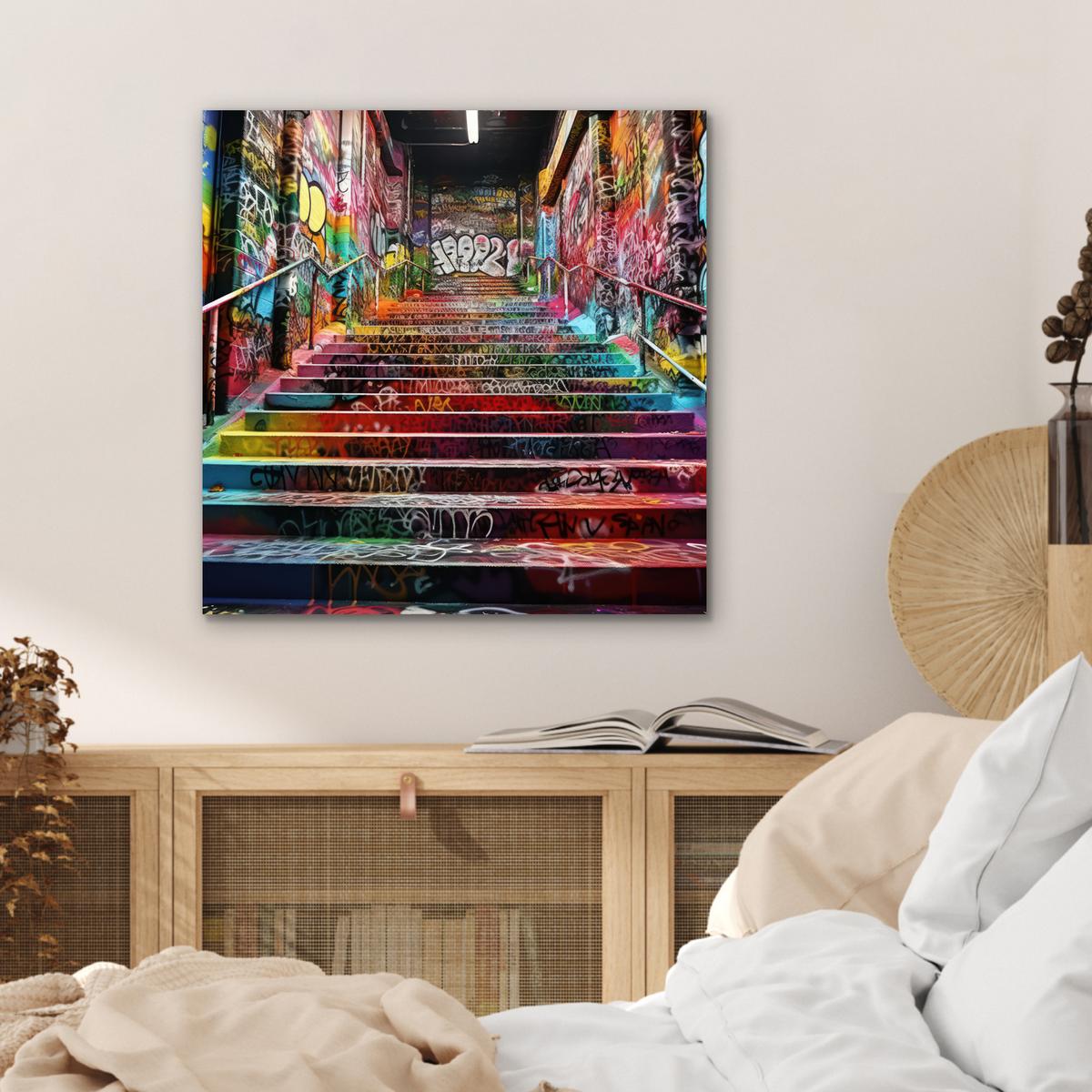 METALLBILD Treppe - Graffiti - Farben - Kunst 50x50 cm - Multicolor, Metall (50/50cm) - MuchoWow