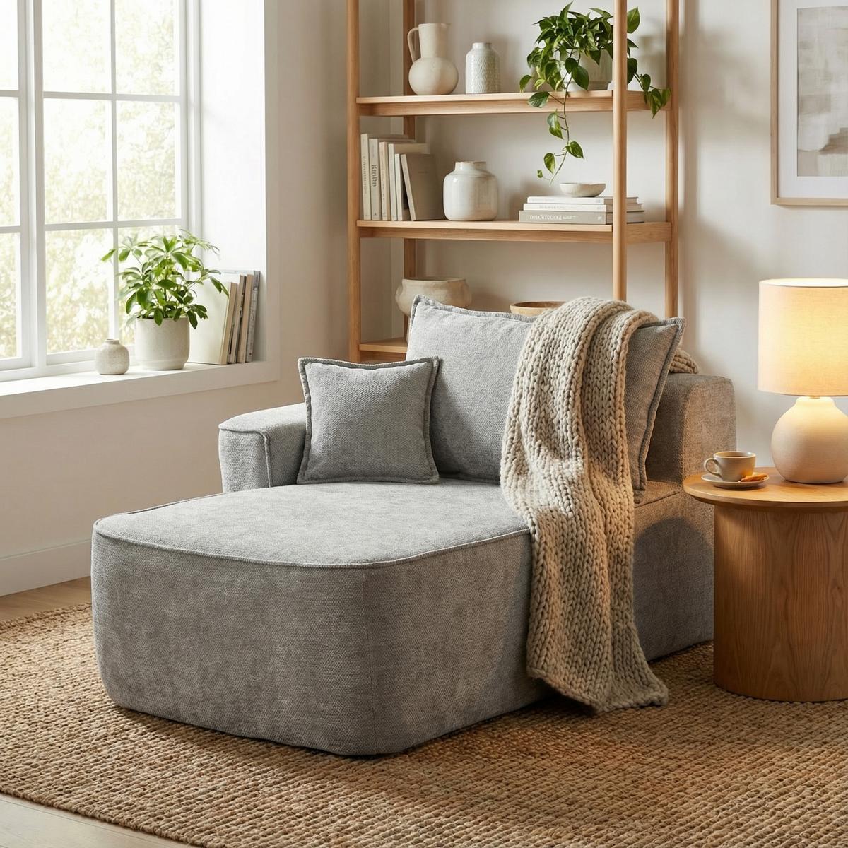 CHAISE LONGUE premium chenille relaxliege montagefrei - Hellgrau, Textil (144/65/112cm) - Urban Meuble