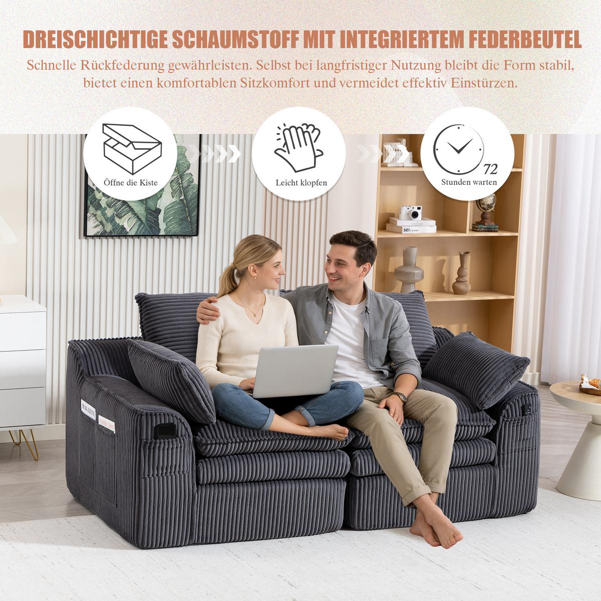 2-SITZER SOFA cordstoff mit seitentaschen & federkern - Dunkelgrau, Textil (191/85/94cm) - Urban Meuble