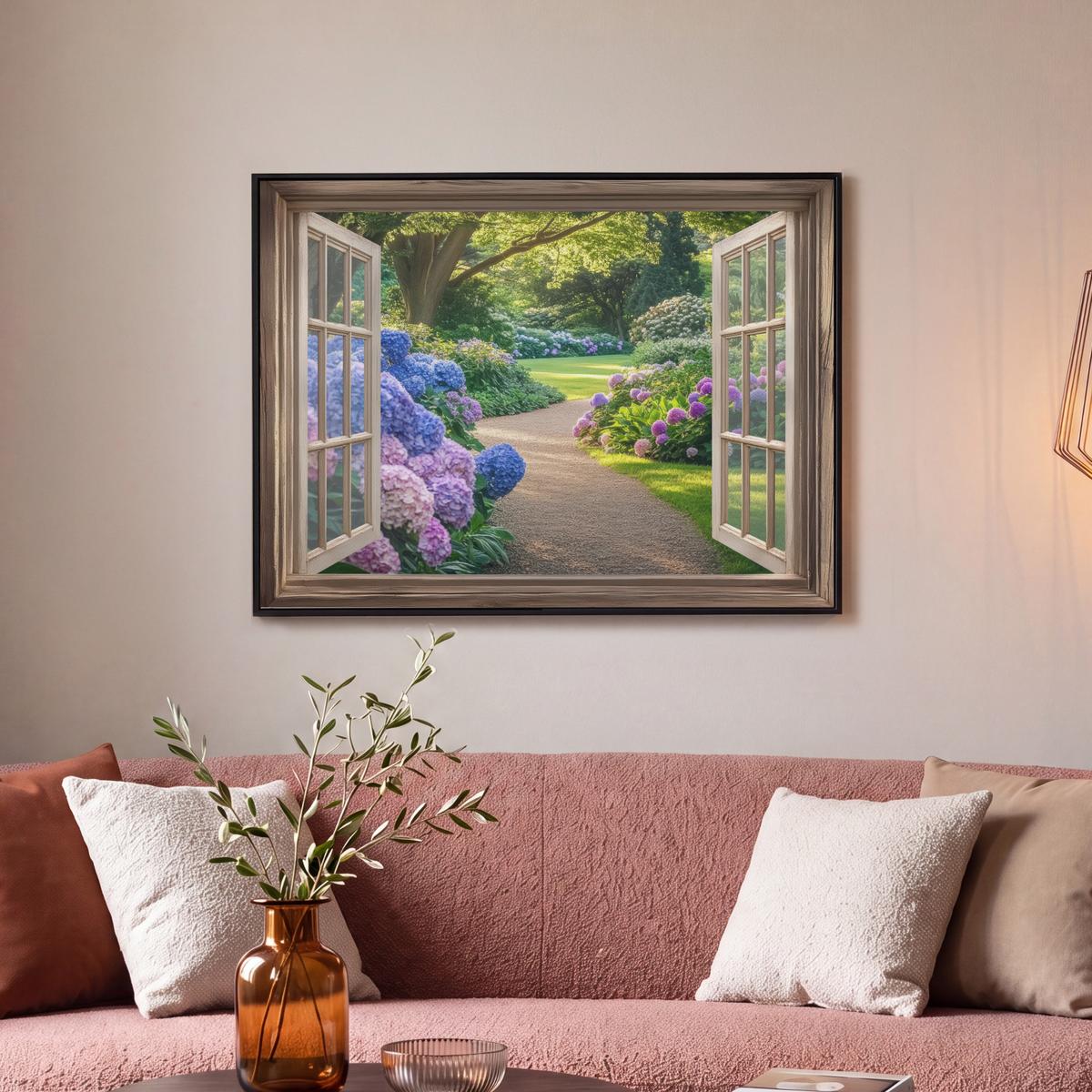 LEINWAND Bilder mit Rahmen - Aussicht - Garten - Fenster - Hortensie - Blumen - 80x60 - Pastellblau, Textil (80/60cm) - MuchoWow