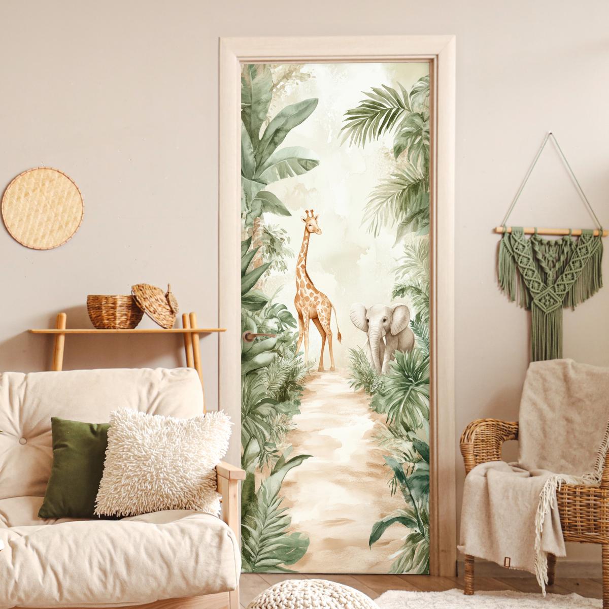 TÜRAUFKLEBER Dschungel - Giraffe - Elefant - Grün - Natur 90x235 cm - Türtapete - Eukalyptusholzfarben, Kunststoff (90/0.1cm) - MuchoWow