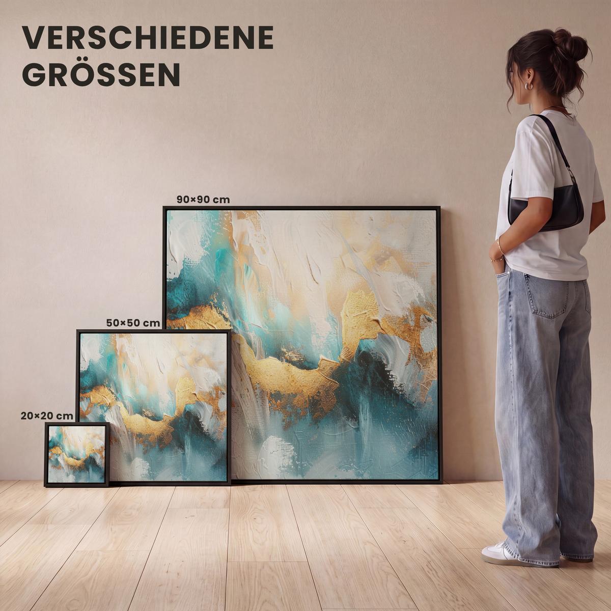 LEINWAND Bilder mit Rahmen - Abstrakt - Kunst - Gold - Blau - 20x20 - Petrol, Textil (20/20cm) - MuchoWow