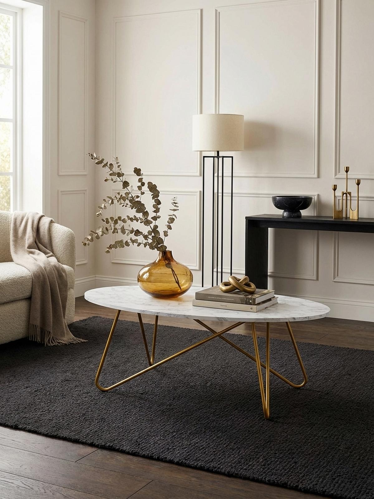 COUCHTISCH Oval in Marmor-Optik mit goldfarbenem Gestell, Maße 120x40x60 cm - Goldfarben/Weiß, Holz/Metall (60/120/40cm) - KADIMA DESIGN