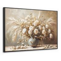 LEINWAND Bilder mit Rahmen - Blumen - Vase - Stilleben - Beige - 90x60 - Creme, Textil (90/60cm) - MuchoWow