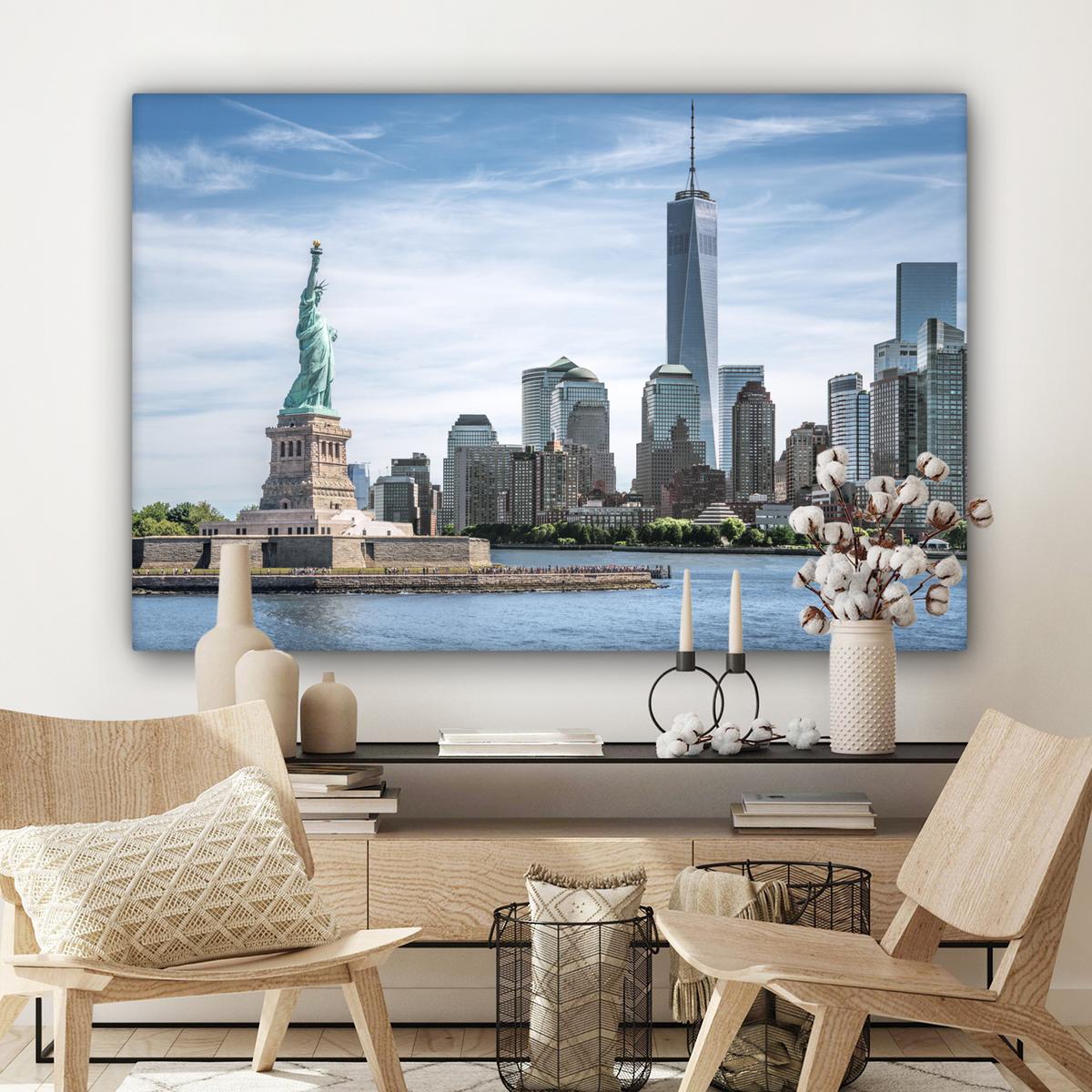 LEINWANDBILD New York - Freiheitsstatue - Wasser Groß 140x90 cm - Hellblau, Textil (140/90cm) - MuchoWow