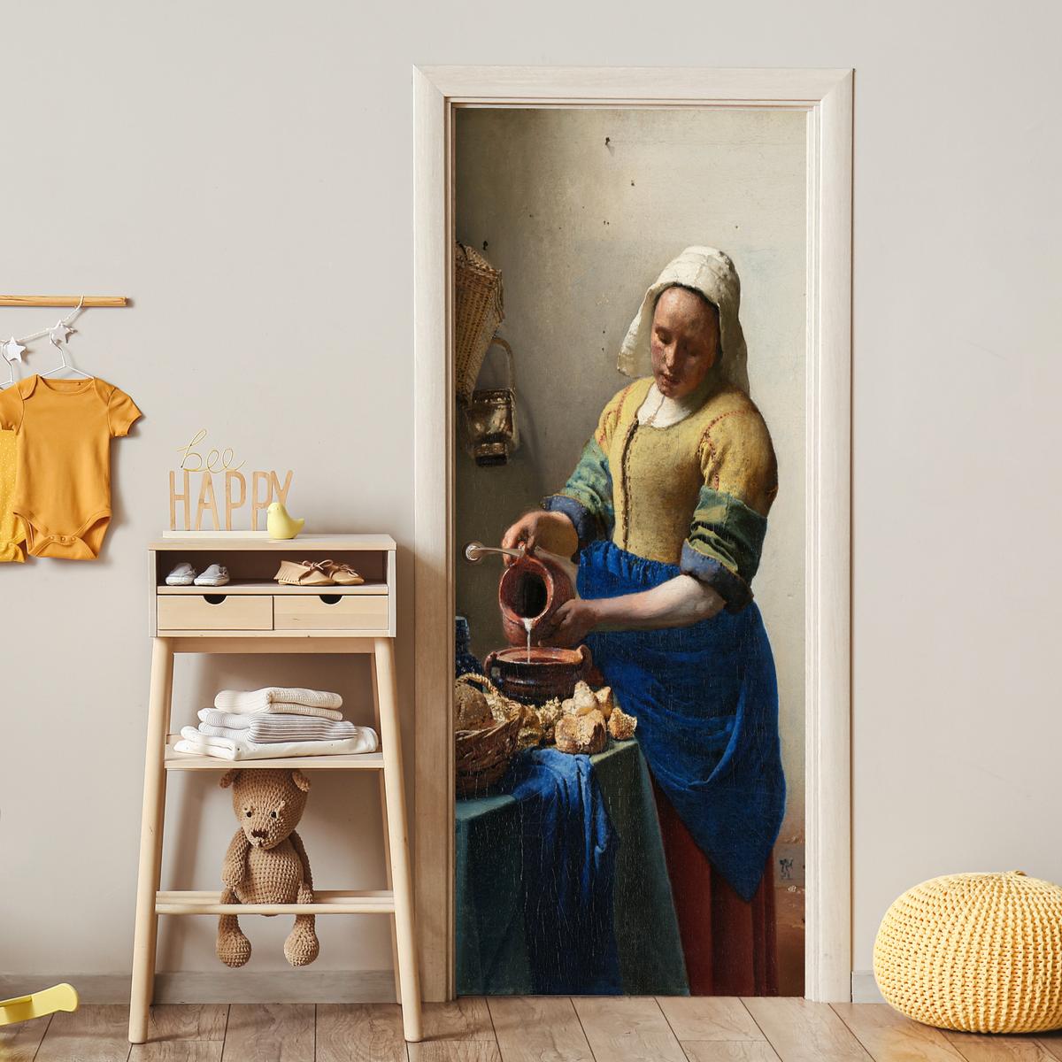 TÜRAUFKLEBER Das Milchmädchen - Johannes Vermeer 90x215 cm - Türtapete - Dunkelblau, Kunststoff (90/0.1cm) - MuchoWow