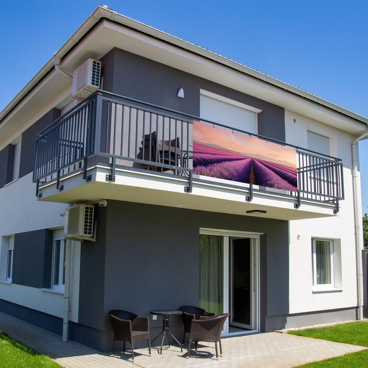 BALKON-SICHTSCHUTZ Lavendelfeld - Sonnenuntergang - Lila - Blumen Witterungsbeständig 200x90 cm - Violett, Kunststoff (200/90cm) - MuchoWow