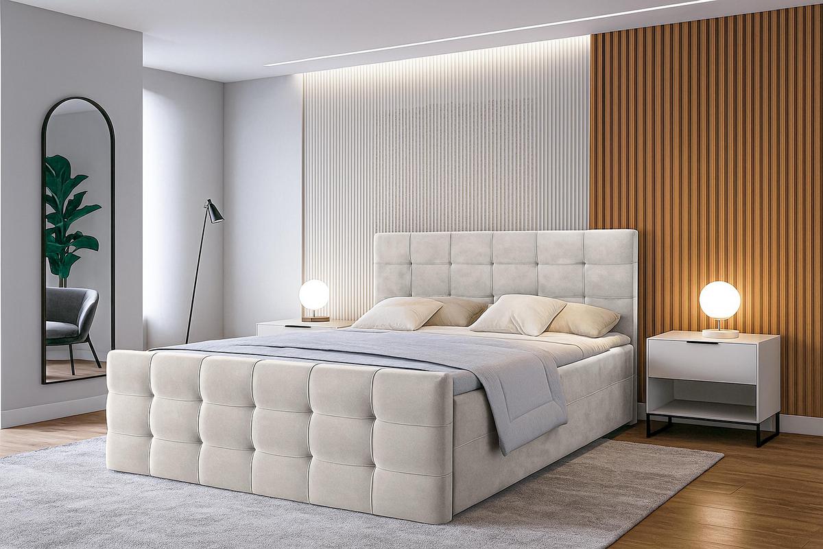 BOXBETT ARGENTARO 140x200 cm mit Bettkasten und Matratze - Beige + TOPPER - Beige/Schwarz, Holz/Holzwerkstoff (140/200cm) - AX Living
