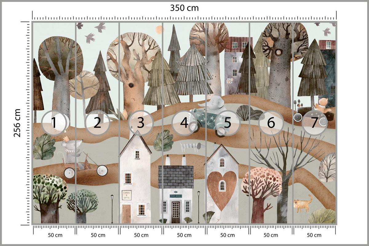 FOTOTAPETE für Kinderzimmer Fantastische Stadt Häuser Wald Tiere Autos 350x256 - Beige/Braun, Papier (350/256cm) - Muralo