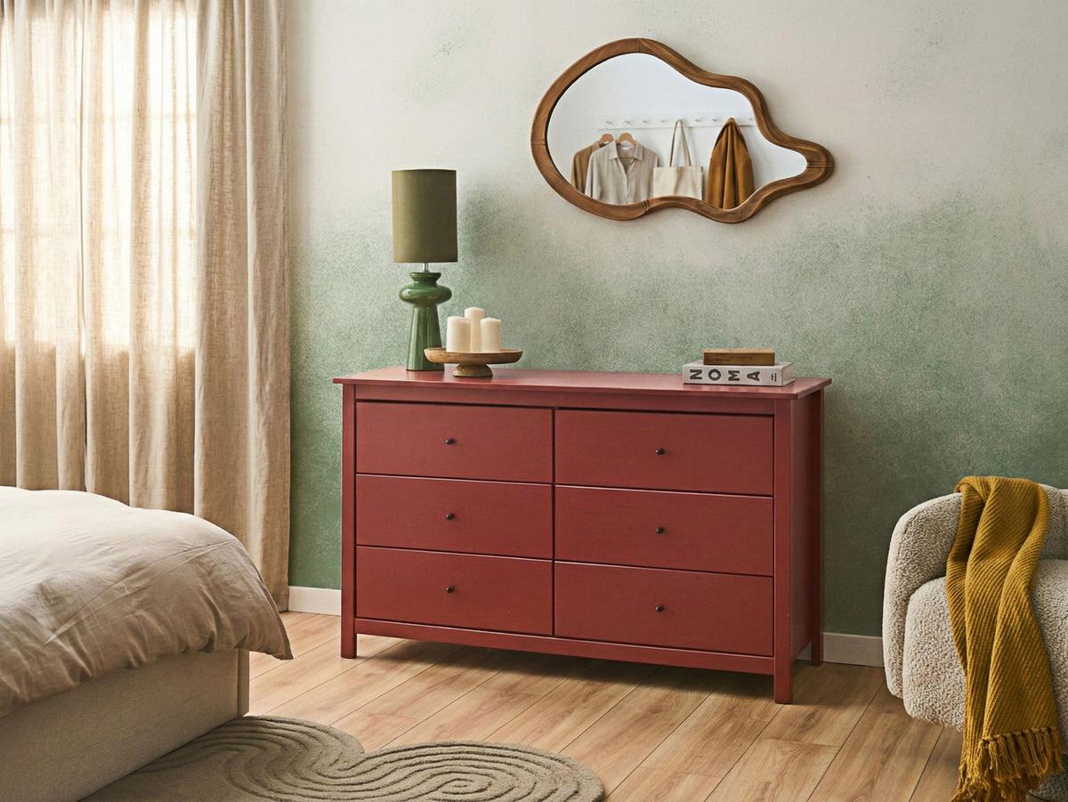 KOMMODE mit 6 Schubladen Kiefernholz Burgunderrot Barcaldine - Dunkelrot, Holz (130/82/45cm) - Beliani