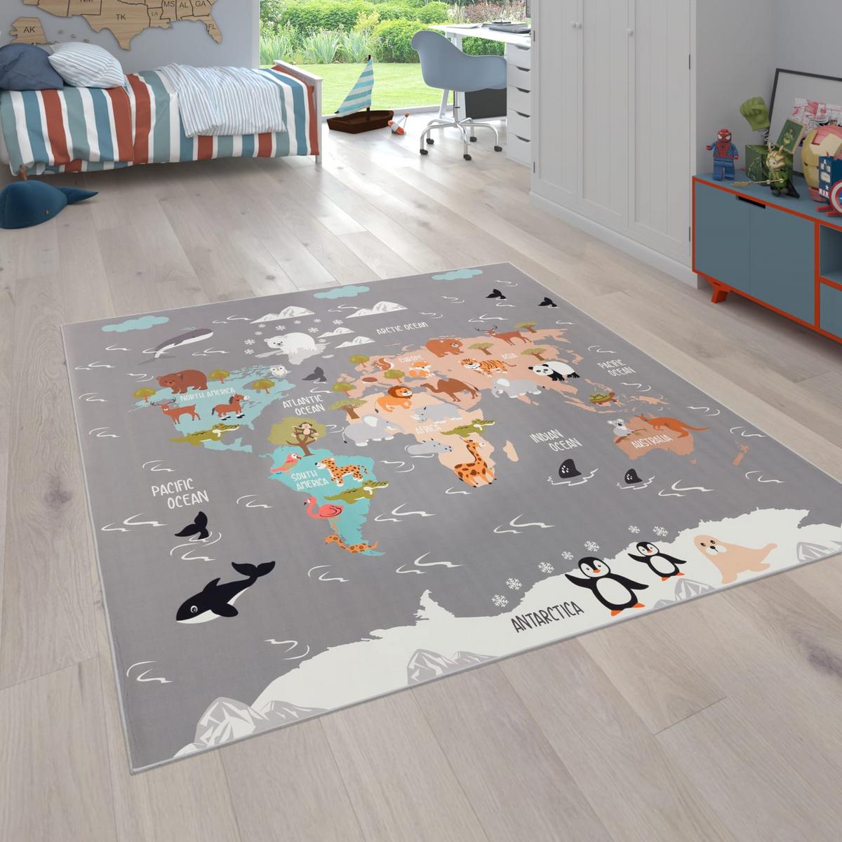 KINDERTEPPICH Waschbar, mit Tier‑Weltkarten‑Muster, Grau, 200 x 200 cm - Grau, Textil (200/200cm) - KADIMA DESIGN