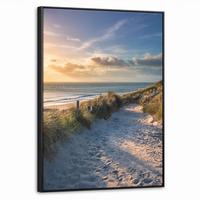 LEINWAND Bilder mit Rahmen - Sonnenuntergang - Strand - Düne - Gras - Ufer - 60x80 - Sandfarben, Textil (60/80cm) - MuchoWow