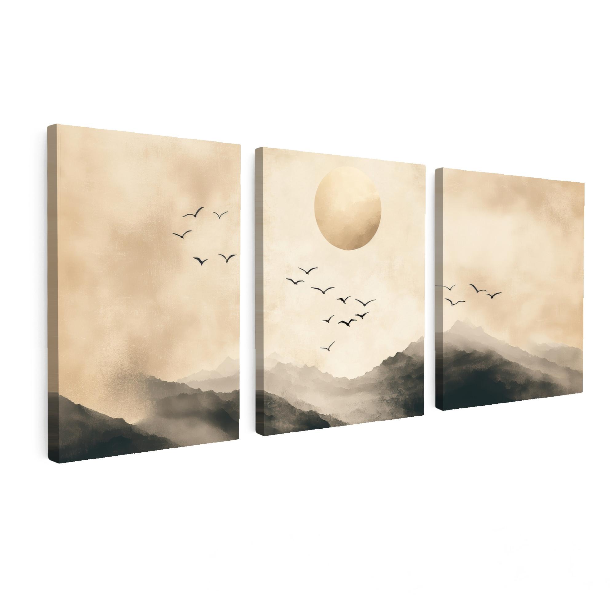LEINWANDBILD 3er Set Landschaft - Japandi - Beige - Vögel 90x40 cm - Beige, Textil (90/40cm) - MuchoWow