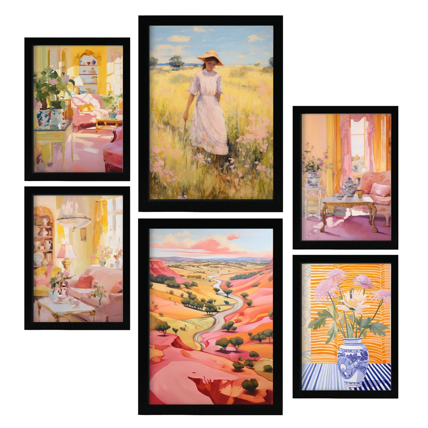 POSTER Set Mit 6 Land Schönheit In Vielseitiger Stil A3 & A4 Schwarzer Rahmen - Schwarz, Papier (29/3cm) - Nacnic